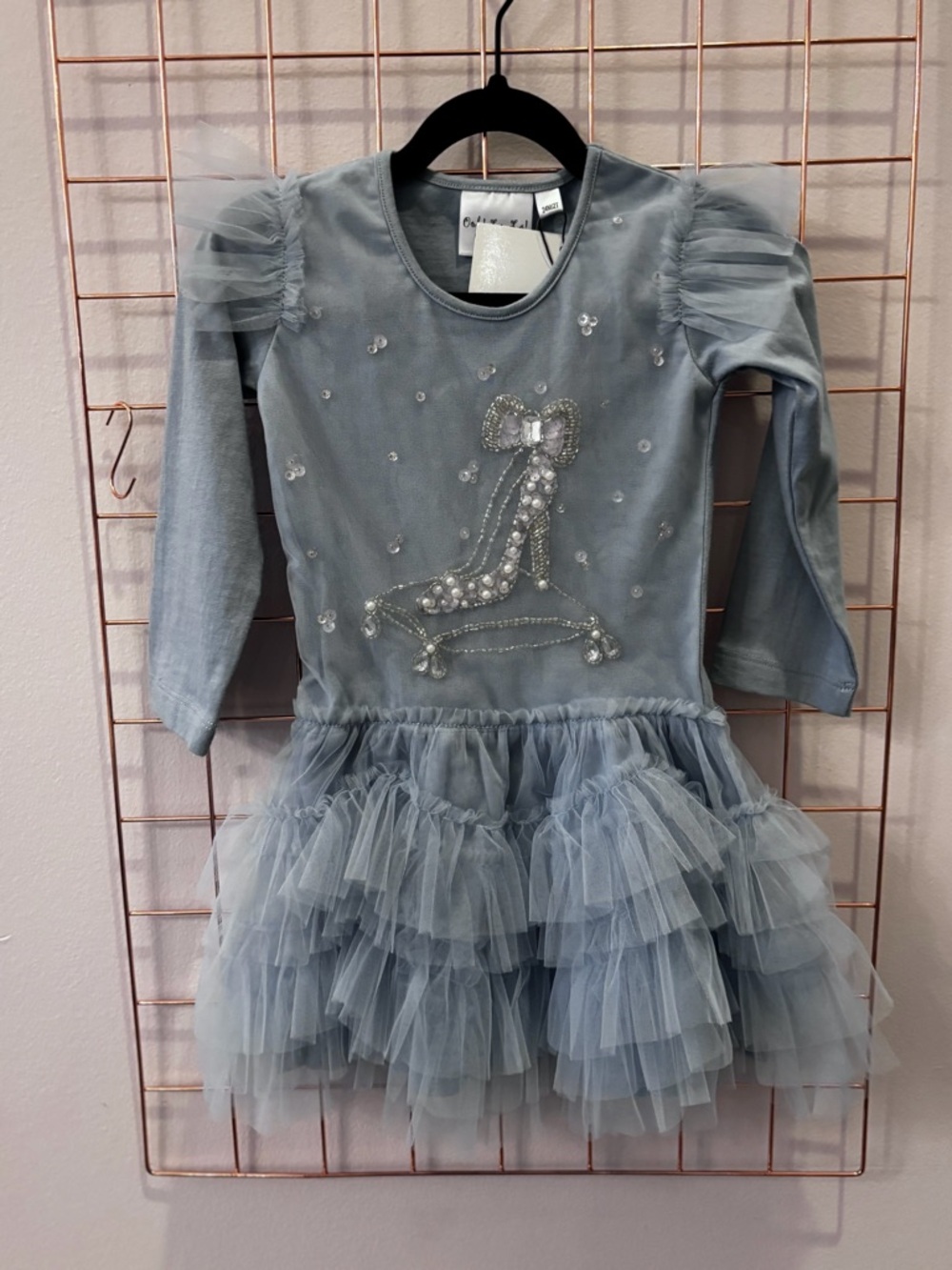 Girls long sleeve blue Tulle Ruffle Dress with Embellished Shoe Motif